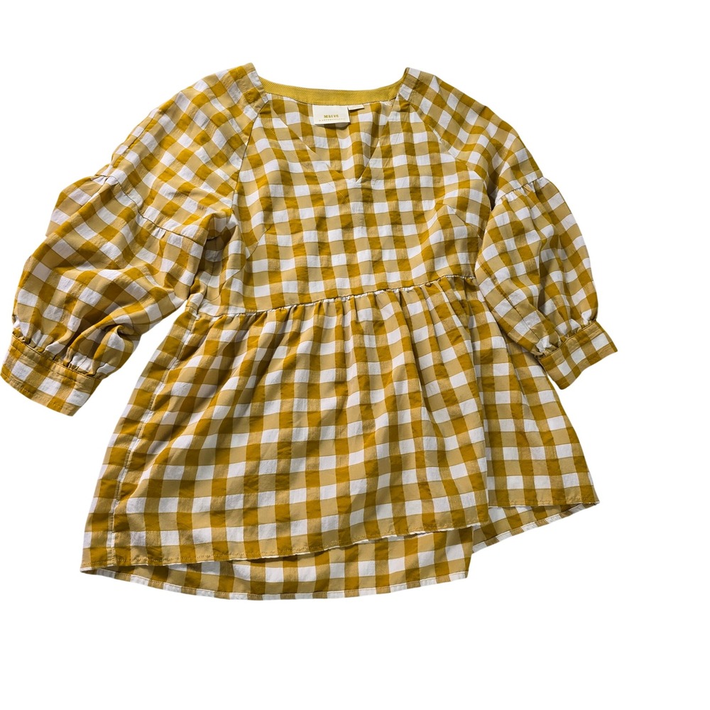 Maeve Anthropologie Mustard Yellow‎ Gingham Peplum Puff Sleeve Top XS OB1156843
